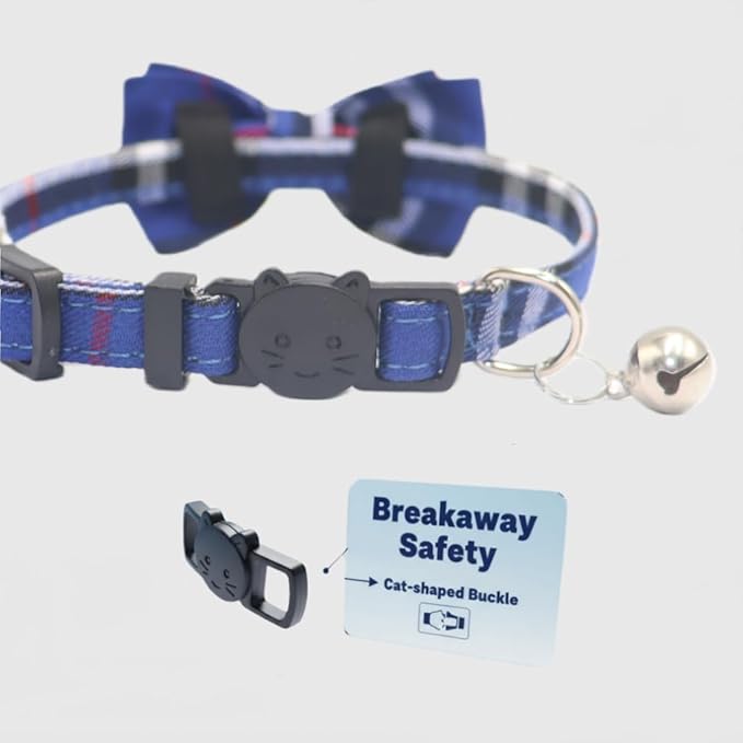 THAIN Cat Collar Breakaway with Bell and Bow Tie Safety Buckle Blue Plaid Pattern Adjustable 7-11 inches for Kitten Cats(Blue Plaid)