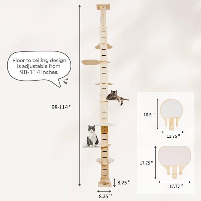 COZIWOW Floor to Ceiling Cat Tree Tower for Indoor Large Cats, 7 Tier Tall Cat Climbing Pole with Adjustable Height (98-114 inches), Modern Climbing Tower, Wood