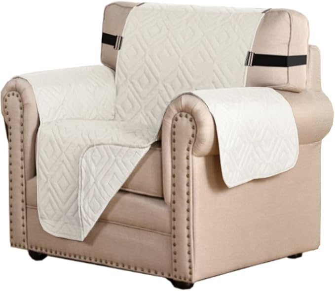 H.VERSAILTEX Reversible Chair Cover Furniture Protector Anti-Slip Couch Cover Water Resistant 2" Elastic Straps Chair Slipcover Pets Kids Fit Sitting Width Up to 21" (Chair:75" x 65", Ivory/Beige)