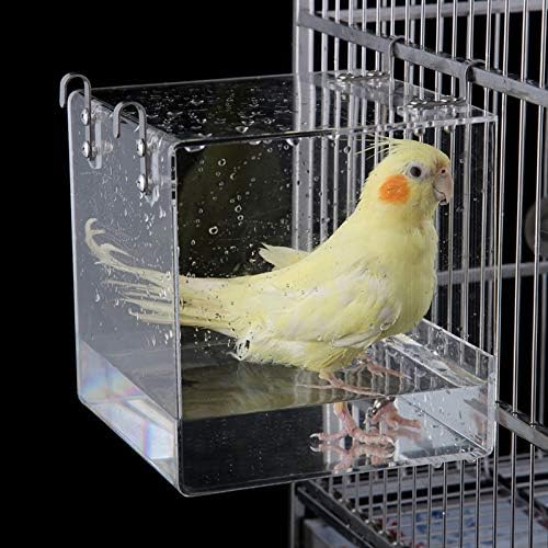 Hanging Cube Bird Bath Cage, Transparent Bird Bathtub Bath Shower with Stainless Steel Hooks for Small Bird Canary Parakeet Budgerigar Parrots Crested Myna Cockatiel Lovebird (Small)