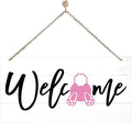 Welcome Sign for Front Door, Welcome Decor Wooden Hanging Sign for Wall Decor, Pink bunny' Pattern Wall Signs, Rustic Funny Wooden Outdoor Front Door Hanging Decoration 13.8X6.9 inches