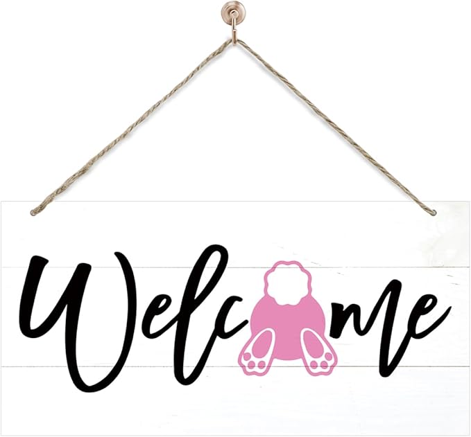 Welcome Sign for Front Door, Welcome Decor Wooden Hanging Sign for Wall Decor, Pink bunny' Pattern Wall Signs, Rustic Funny Wooden Outdoor Front Door Hanging Decoration 13.8X6.9 inches