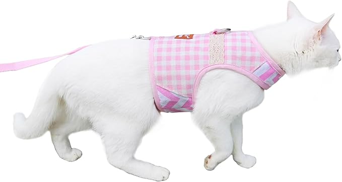 Cat Harness and Leash for Walking Escape Proof, Adjustable Cat Vest Harness, Padded Stylish Cat Walking Jackets, Pink Plaid, XX-Large