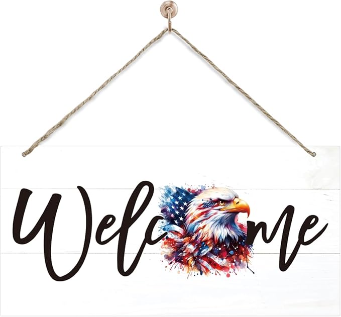 Welcome Sign for Front Door, Welcome Decor Wooden Hanging Sign for Wall Decor, American Bald Eagle Pattern Hanging Signs, Funny Wooden Outdoor Front Door Decoration 13.8X6.9 inches