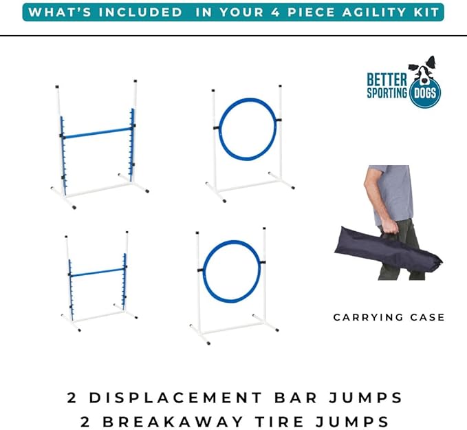 Better Sporting Dogs 4 Pack Adjustable Dog Agility Jumps w/Safety-Focused Features | 2 Bar Jumps with Cup Strips | 2 Breakaway Tire Jumps