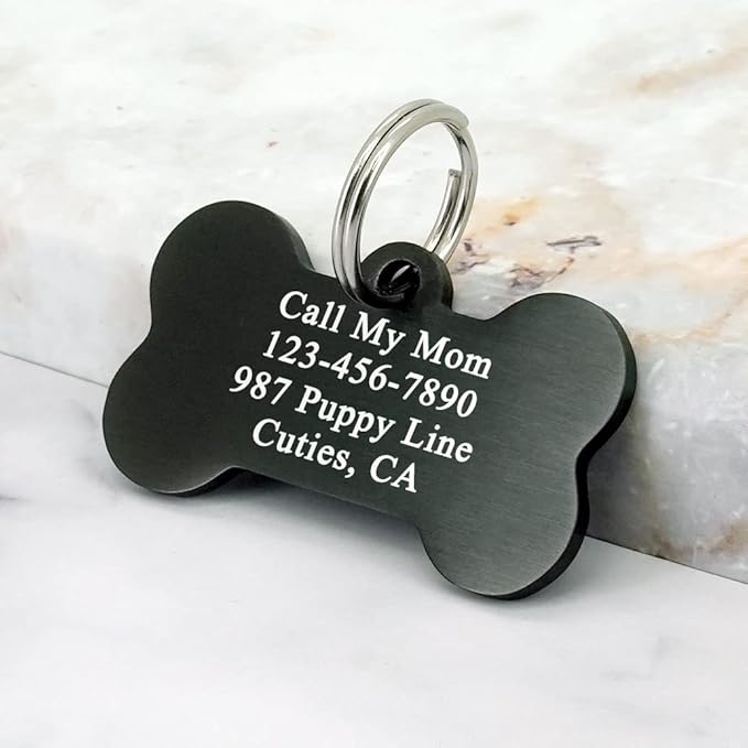 Ultra Joys Custom Personalized Pet ID Tag for Dogs, Brushed Stainless Steel Bone Dog Tag Black Small