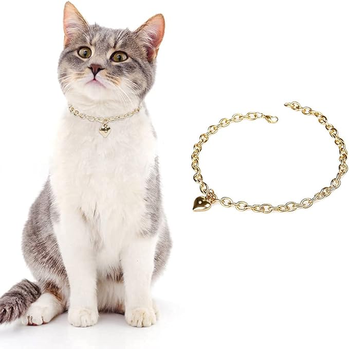 HOWWFALY Dog Collar and Cat Chain Necklace Stainless Steel Adjustable 18K Gold Heart-Shaped Necklace for Small Pets Cats Kitten Puppy (Gold, 7 inch)