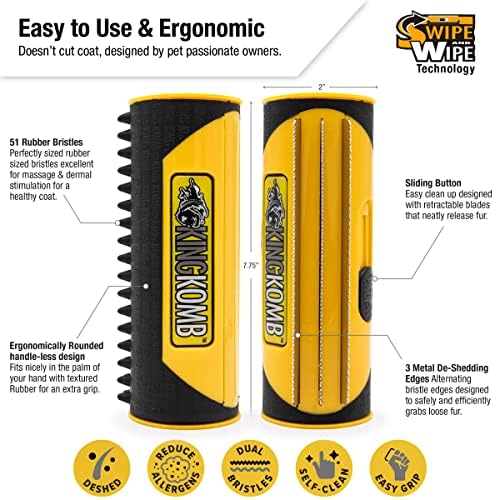King Kanine Deshedding Dog Brush - Self Cleaning Deshedding Brush for Cats Dogs and Horses - Pet Comb for Grooming and Removing Loose Hair - Designed for Short to Medium Coats of All Stages