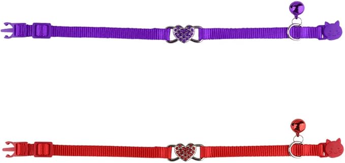 2 Pcs Cat Collars Heart Bling Breakaway with Bell Nylon Adjustable for Kitty (red+Purple)