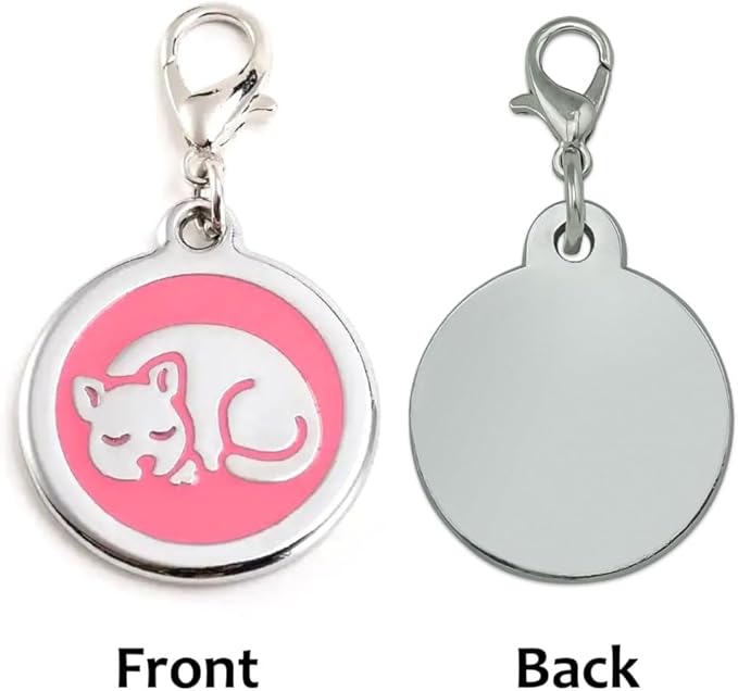 Personalized Pet ID Tags for Kittens and Cats - Custom cat Name tag and ID tag for Collar (Pink, Sleeping Cat Round-Small)