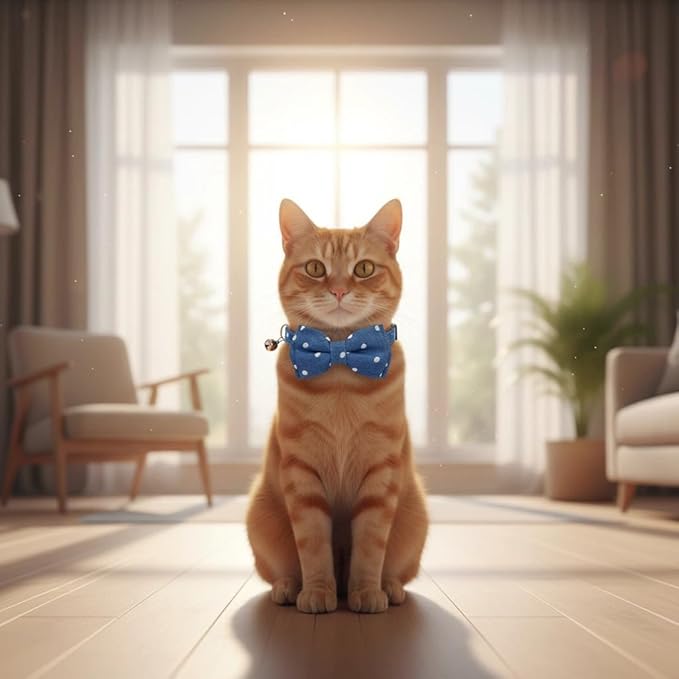 THAIN Cat Collar Breakaway with Bell and Bow Tie Safety Buckle Denim Dots Adjustable 7-11 inches for Kitten Cats(Denim Dots)