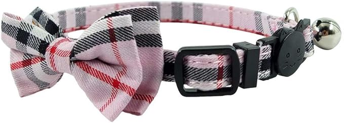 Cat Collar Breakaway with Bell and Bow Tie, Plaid Design Adjustable Safety Kitty Kitten Collars(6.8-10.8in) (Pink Plaid 1)