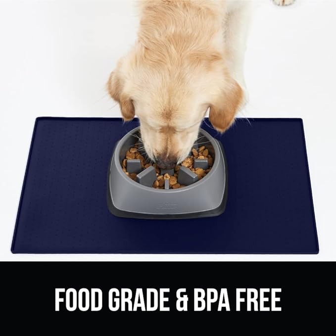 GORILLA GRIP 100% Waterproof Raised Edge BPA Free Silicone Pet Feeding Mat, Dog Cat Food Mats Contain Spills Protects Floors, Placemats for Cats and Dogs Water Bowl, Pets Accessories 23x15 Navy