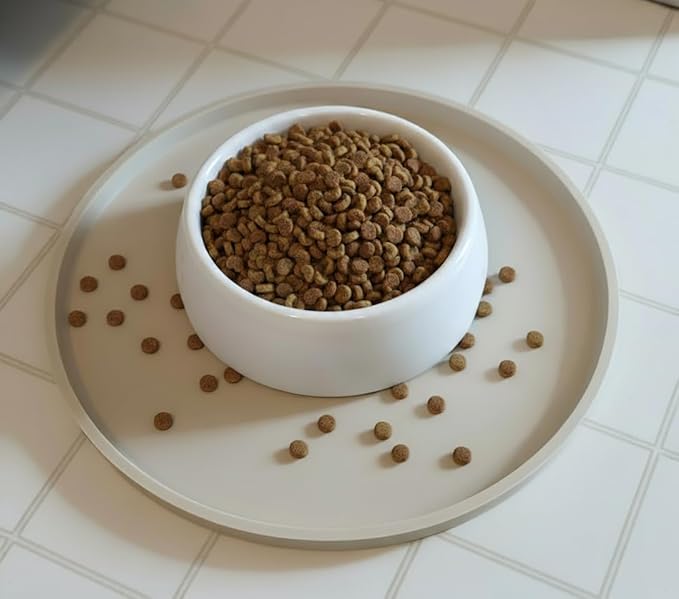Arespark Cat Food Mat, Set of 2 Nonslip Waterproof Feeding Bowl Silicone Mats with Raised Edges for Food Water Prevent Spills, Round Eating Plates Tray for Dog Cat Puppy Kitten, 8'' x 8''