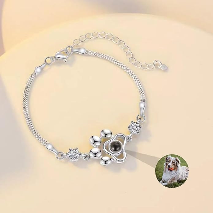 Custom Photo Projection Bracelet Dog Paw Bracelets Personalized Photo Bracelet with Picture inside Pet Dog Cat Paw Charm Picture Bracelets for Christmas Anniversary