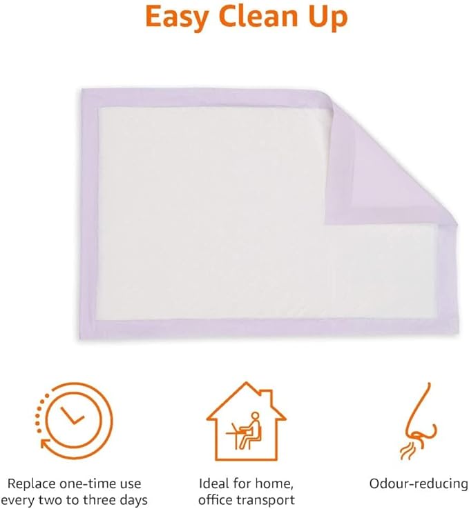 Amazon Basics Cat Pee Pads, Odor Control, Super Absorbent, Disposable, Universal Fit for Litter Box, Unscented, Multi-Cat, White/Purple, 80 Count