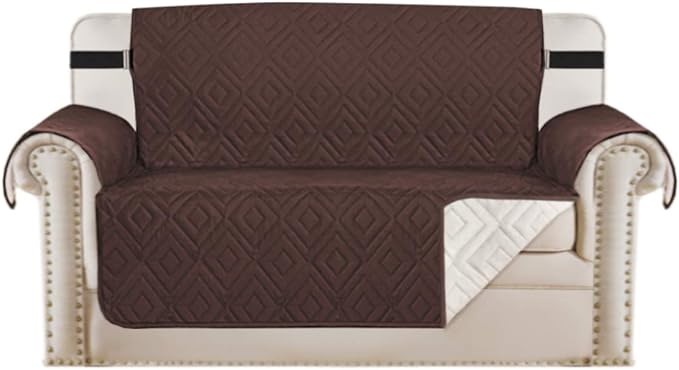 H.VERSAILTEX Reversible Loveseat Cover Furniture Protector Anti-Slip Water Resistant 2 Inch Wide Elastic Straps Couch Covers Pets Kids Fit Sitting Width Up to 46"(Love Seat: 75" x 90", Brown/Beige)