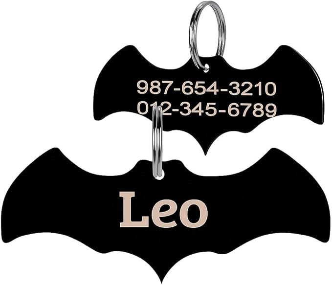 Stainless Steel Personalized Pet ID Tags, Art Design for Dog Tags, Cat Tags, Customized and Engraved on Both Sides of ID Tag, Bat in Black, Silver, Blue, Gold, Rose Gold Color