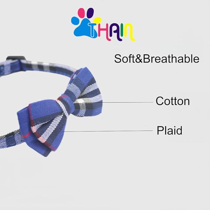 THAIN Cat Collar Breakaway with Bell and Bow Tie Safety Buckle Blue Plaid Pattern Adjustable 7-11 inches for Kitten Cats(Blue Plaid)