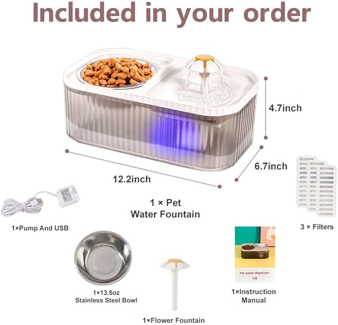 Marchul Cat Water Fountain and Stainless Steel Food Bowl, 100oz/3L Super Quiet Automatic Pet Water Dispenser with Smart Pump and 3 Replacement Filters for Cats and Small Dogs, White