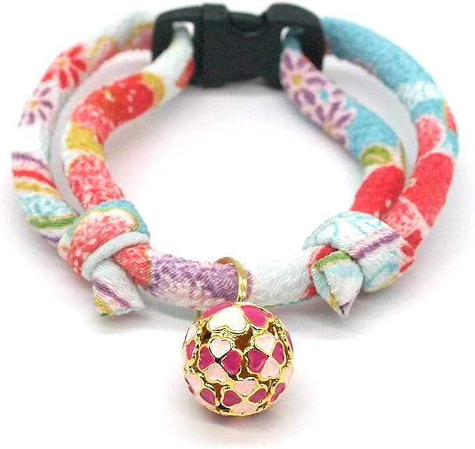 PetSoKoo Four-Leaf Clover Cat Collar with Bell Breakaway Buckle. Japanese Chirimen,Cute Kitten Collar for Girl Boy Cat