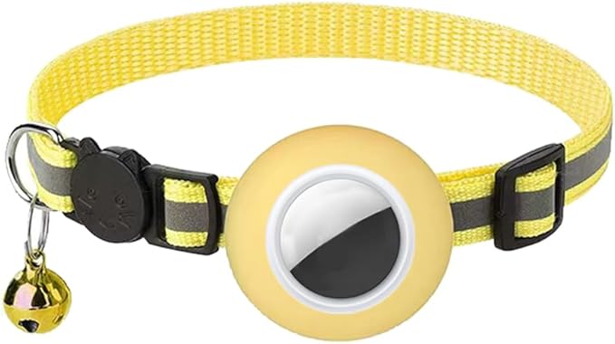 Tracker-Ready Breakaway Cat Collar (No Tracker Included) - Detachable GPS Holder + Safety Bell - Adjustable Reflective Collar with Quick-Release Buckle - for AirTag/Tile Compatible (Yellow)