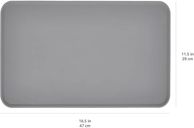 Amazon Basics Waterproof Non-Slip Silicone Pet Feeding Mat with Raised Edges, Prevents Spills, Easy to Clean, Protects Floors for Cat & Dog Food and Water Bowls, 18.5 x 11.5 Inches, Gray, 2-Pack