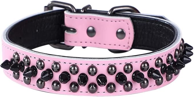 Spiked Studded Dog Collar, Genuine Leather Dog Collar, Adjustable Pet Collars for Medium Large Bulldog Pitbull Mastiff Poodle Boxer (S:27-33cm, Pink-1)