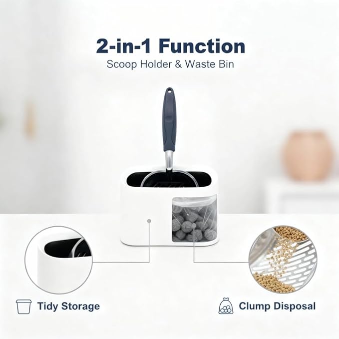 Heavy-Duty Metal Cat Litter Scoop with Holder, Aluminum Cats Litter Scooper Captures All Clumps, Kitty Metal Scooper and Holder (White)
