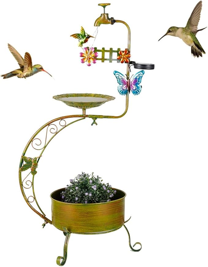 VEWOGARDEN Bird Bath for Outside, Solar Metal Outdoor Standing Birdbath with Flower Planter for Garden, Yard, Patio Decor, Green
