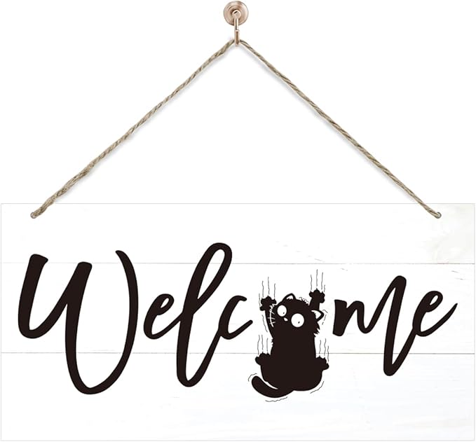Welcome Sign for Front Door, Welcome Decor Wooden Hanging Sign for Cats Lover, Funny Cat Pattern Wall Decor, Rustic Funny Wooden Outdoor Front Door Hanging Decoration 13.8X6.9 inches