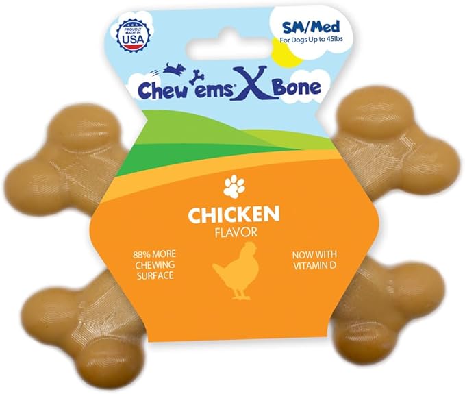 Chew’EMS X Bone Dog Chew Toy for Aggressive Chewers – Long-Lasting Chicken Flavor Nylon Bone – Durable, Rawhide-Free Dental Toy - Small Size – Made in USA
