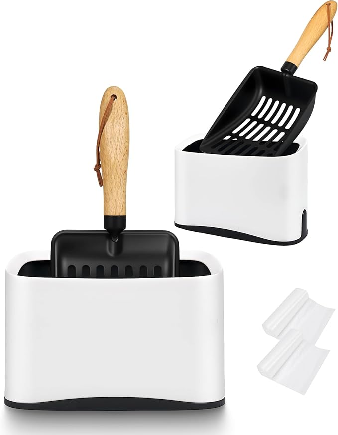 Cat Litter Scoop, Metal Litter Scoop, Heavy Duty Metal Cat Scooper for Litter Box, Black Sifter Scoop for Pellets, Wooden Handle Scoop with Hole, Kitty Necessity (5.5" Handle with Holder)