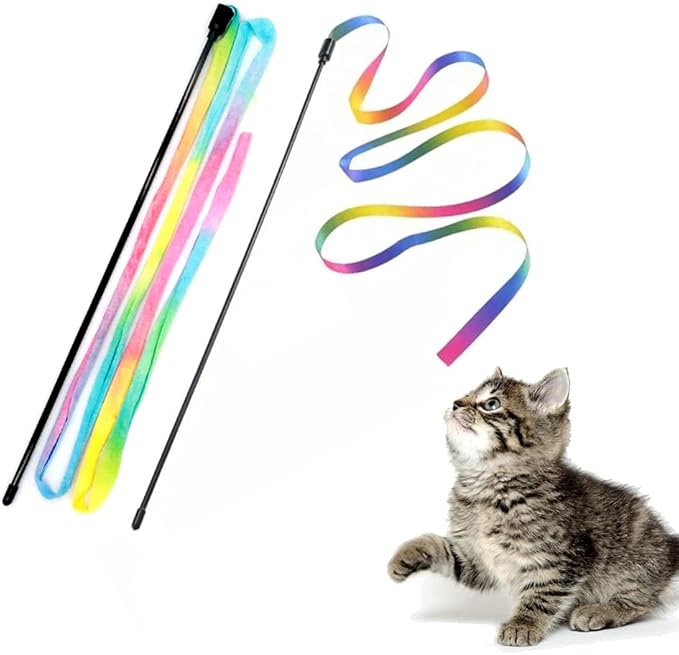 LASOCUHOO Interactive Cat Wand Toys Interactive Cat Teaser Wand String Ribbon Rainbow Charmer for Cats and Kittens - 2 Packs