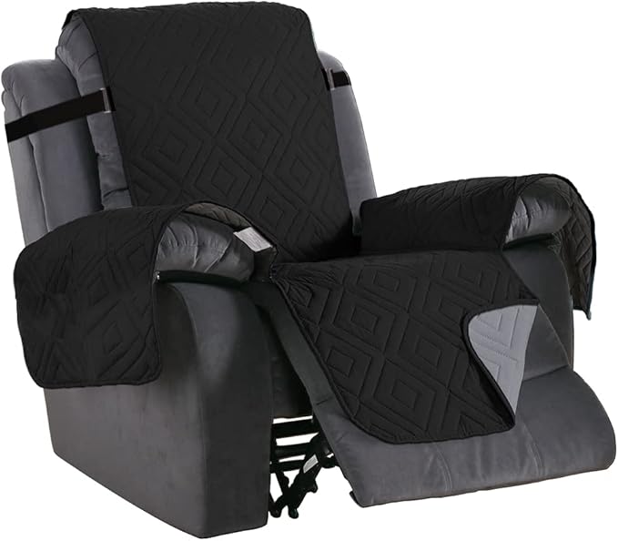 H.VERSAILTEX Reversible Quilted Recliner Covers Water Resistant Furniture Protector for Reclienr Chair with Elastic Straps for Pets Kids Sitting Width Up to 22"(Recliner, Black/Grey)