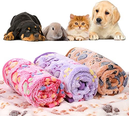 Tatuo 4 Pcs Dog Blanket for Pet Cat Blankets Indoor Puppy Teething Stuff Toys Paw Print Fleece Soft Blanket Sleep Mat for Guinea Pig Cage(White, Coffee, Pink, Purple,Small(24 x 16 Inch),Square)