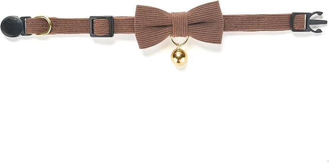 Soft Corduroy Cat Collar with Bell and Bowtie, Safety Breakaway Clasp, Adjustable for Kitten and Cats Brown Color.