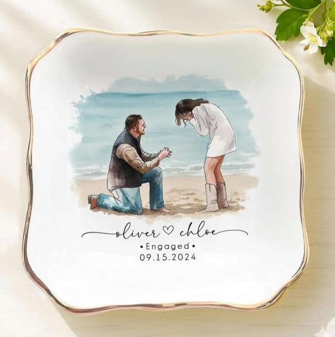 Personalized Couple Portrait Photo Ring Dish Engagement Gift, Ring Holder Dish Wedding Gift, Trinket Dish for Bride Wife, Jewelry Tray Gifts for Newly Engaged Couple Anniversary