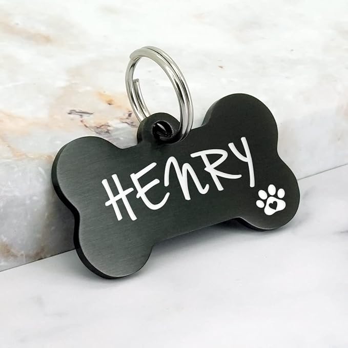 Ultra Joys Custom Personalized Pet ID Tag for Dogs, Brushed Stainless Steel Bone Dog Tag Black Small
