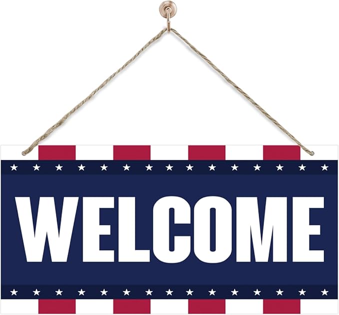 Welcome Sign for Front Door, Welcome Decor Wooden Hanging Sign, Patriotic American Theme Wall Hanging Decor, Funny Wooden Outdoor Front Door Decoration 13.8X6.9 inches