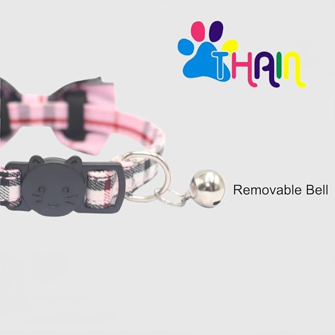 THAIN Cat Collar Breakaway with Bell and Bow Tie Safety Buckle Pink Plaid Pattern Adjustable 7-11 inches for Kitten Cats(Pink Plaid)