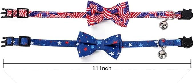 2-Pack Breakaway Cat Collars with Removable Double-Layer Bow Tie and Bell for Boy and Girl Cats Safety Kitten Collars Suitable for Festivals and Daily. (Independence Day)