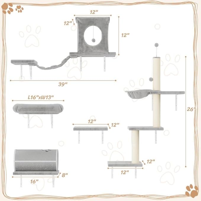 7-in-1 Cat Wall Shelves, Wall Mounted Cat Climber Set, Cat Furniture with House, Tunnel, Bridge, Steps, Scratcher, Hammock, Shelves for Indoor, Gray