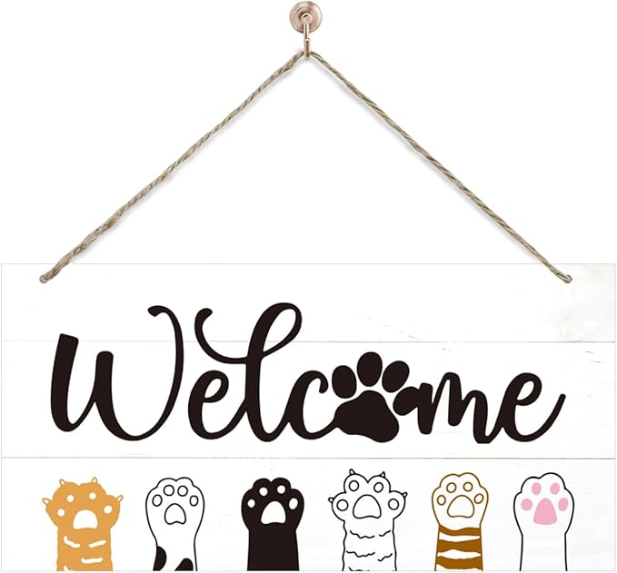 Welcome Sign for Front Door, Welcome Decor Wooden Hanging Sign With Cat Cat's Paw Pattern, Cat Theme Wall Hanging Decor, Funny Wooden Outdoor Front Door Decoration 13.8X6.9 inches