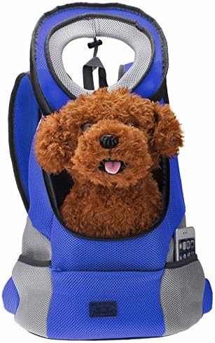 Mogoko Airline Approved Cat Dog Backpack, Puppy Pet Carrier Front Bag with Breathable Head Out Design and Double Mesh Padded Shoulder for Outdoor Travel Hiking (L, Blue)