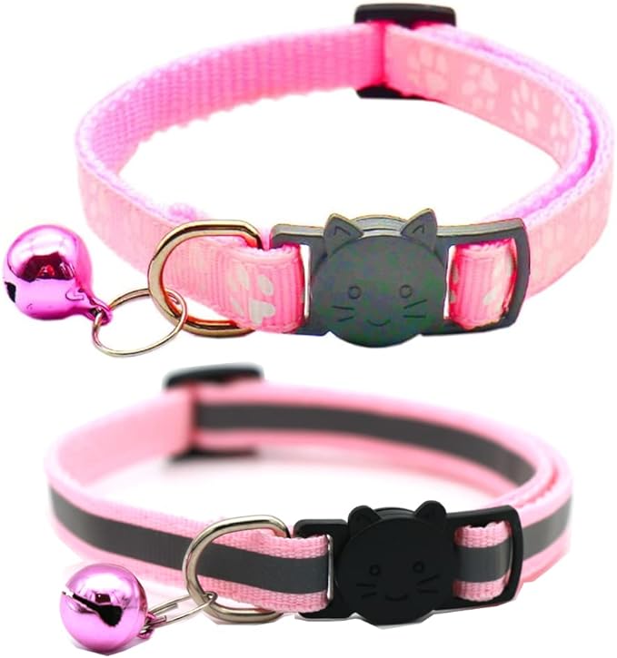 2 Pack Cat Collars Quick Release Reflective Kitten Collar with Bell & Safety Release (Light Pink)