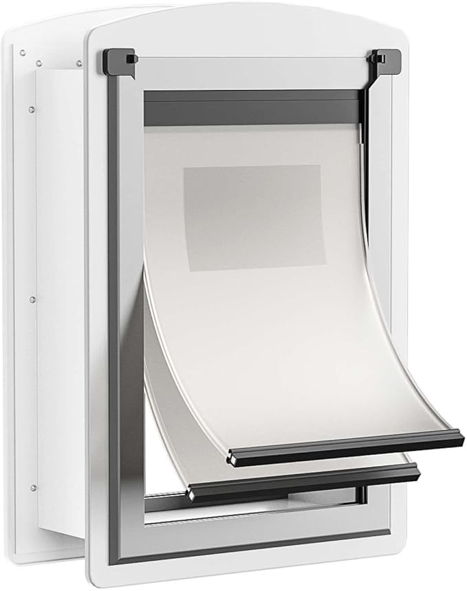 Cat Door for Wall, Energy Efficient Pet Door with Steel Frame, Telescoping Tunnel, Double Magnetic Flaps and Two Sliding Lock Panels, Easy to Install, Milky White, Small