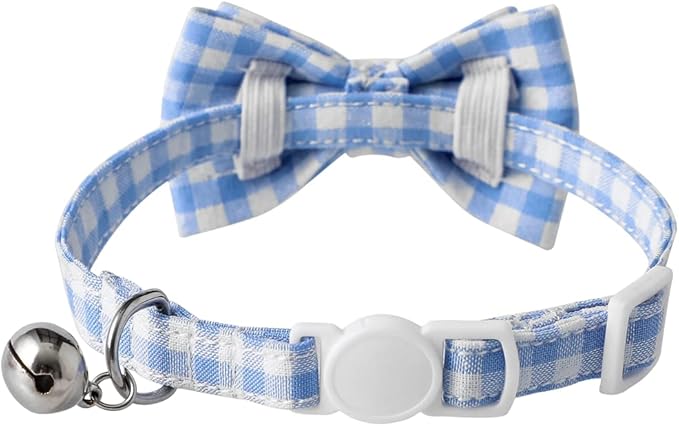 AIITLE Breakaway Cat Collar with Cute Bow Tie and Bell, Detachable Adjustable Safety Collars for Girl Cats and Boy Cats, Kittens, Puppy, Soft Stylish Plaid Patterns Cat Collars,Blue