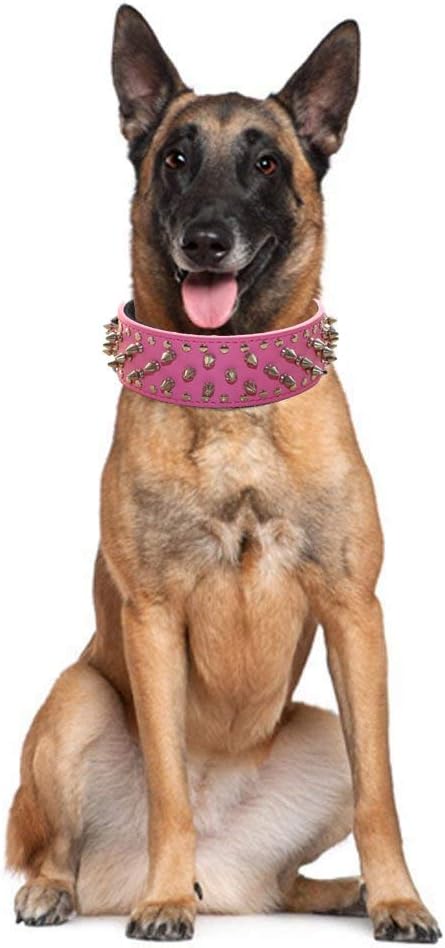 Serijoars Spiked Studded Dog Collar, PU Leather Dog Collar, Adjustable Pet Collars for Medium or Large Breed Pet (M, Red)