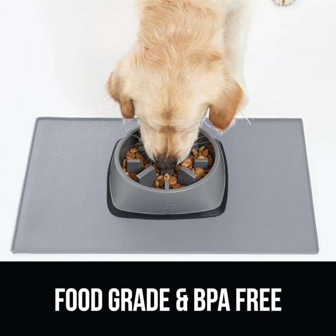 GORILLA GRIP 100% Waterproof Raised Edge BPA Free Silicone Pet Feeding Mat, Dog Cat Food Mats Contain Spills Protects Floors, Placemats for Cats, Dogs Water Bowl, Pets Accessories 18.5x11.5 Light Gray